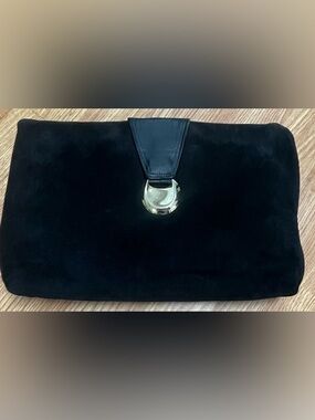 Vintage Anne Klein for Calderon Black Suede Shoulder Bag Lion Logo Gold Hardware